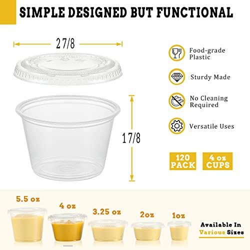 VITEVER [120 Sets - 4 oz ] Portion Cups With Lids, Small Plastic Containers with Lids, Airtight and Stackable Souffle Cups, Jello Shot Cups, Sauce Cups, Condiment Cups for Lunch, Party, Trips