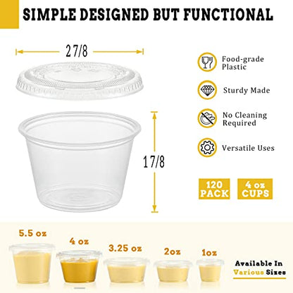 VITEVER [120 Sets - 4 oz ] Portion Cups With Lids, Small Plastic Containers with Lids, Airtight and Stackable Souffle Cups, Jello Shot Cups, Sauce Cups, Condiment Cups for Lunch, Party, Trips