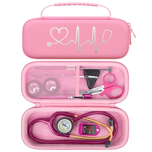 BOVKE Travel Stethoscope Case for 3M Littmann Classic III, Lightweight II S.E, MDF Acoustica Lightweight Stethoscopes, Mesh Pocket for Pen Lights, Medical Scissors and Nurse Accessories, Pink