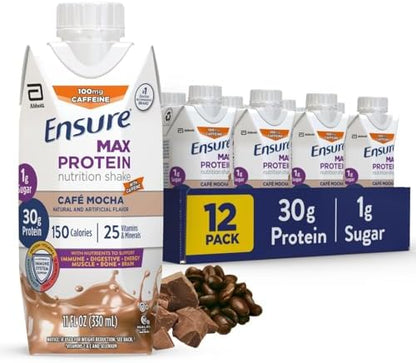 Ensure Max Protein Cafe Mocha Nutrition Shake | 30g Protein, 1g Sugar, 4g Fiber Blend | 12 Pack