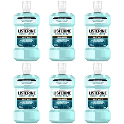 Listerine Cool Mint Alcohol Free Mouthwash, Bad Breath Germ Killing, Bad Breath Treatment Oral Rinse for Adults; Cool Mint Flavor, 500 mL, 6 Pack