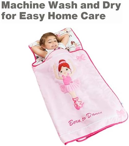 EVERYDAY KIDS Toddler Nap Mat with Removable Pillow -Born to Dance Ballerina- Carry Handle with Straps Closure, Rollup Design, Soft Microfiber for Preschool, Daycare, Sleeping Bag - Ages 2-6 Years