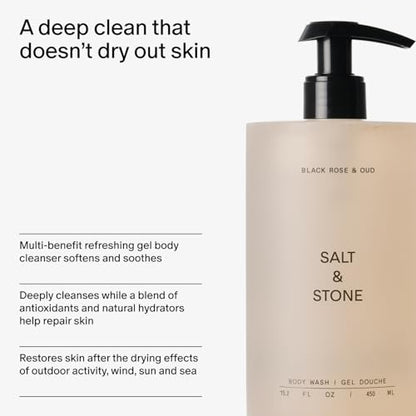 Salt & Stone Body Wash for Women & Men | Black Rose & Oud | Hydrating Gel Cleanser | Clean & Soften Skin | Made with Niacinamide & Hyaluronic Acid | Free From Parabens, Sulfates & Pthalates 15.2 fl oz