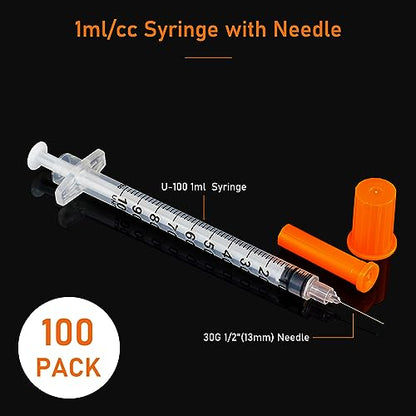 1ml Syringe with 30Ga 1/2in Needle, Individually Wrapped, Pack of 100