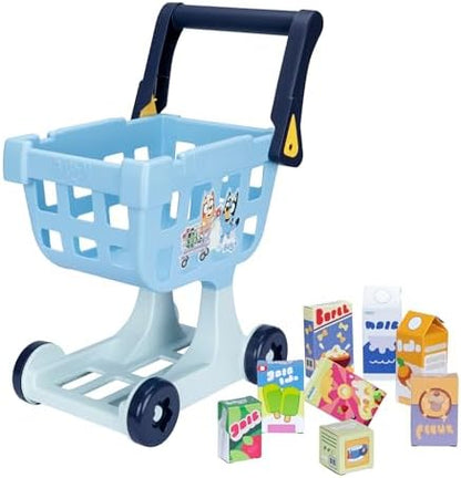 The Bluey Shopping Trolley | with Free-Rolling Wheels and Rotating Handle. The Ideal Size for Toddlers | Stands at 19.3 Inch Tall | 8 Colorful Cardboard Shopping Goods are Included with This Trolley