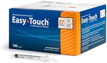 Easy Touch U-100 Insulin Syringe with Needle, 27G 1cc 5/8-Inch (16mm), Box of 100