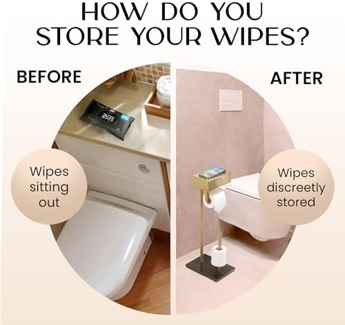 Day Moon™ Gold Toilet Paper Holder Free Standing Toilet Paper Holder with Storage - Toilet Paper Stand and Tissue Holder for Bathroom - Toilet Paper Holder with Shelf and Wipe Holder