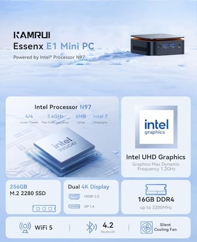 KAMRUI Essenx E1 Mini PC Computer with N97 Processor, 16GB DDR4 RAM 256GB M.2 SSD, Mini Desktop Computer Support Dual 4K, WiFi, Bluetooth, Ethernet, HTPC for Business, Education, Home