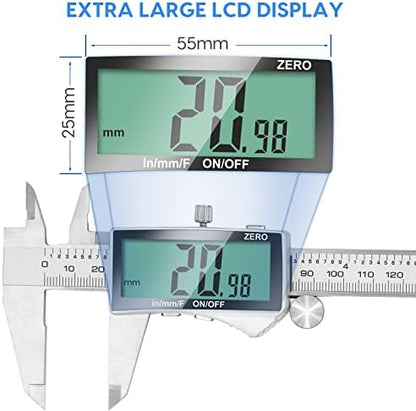Digital Caliper, 6 Inch Caliper Tool with Extra Large LCD Screen, Auto-Off Feature, Easy Switch from Inch Metric Fraction, Stainless Steel Vernier Caliper Measuring Tool for DIY/Household