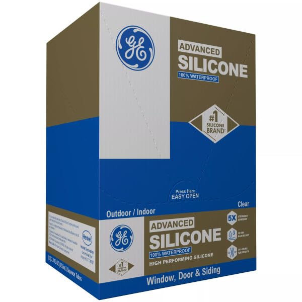 GE Advanced Silicone Caulk for Window & Door, Clear, 2.8 fl oz Tube, 12 Pack - 100% Waterproof Silicone Sealant, 5X Stronger Adhesion, Freeze & Sun Proof
