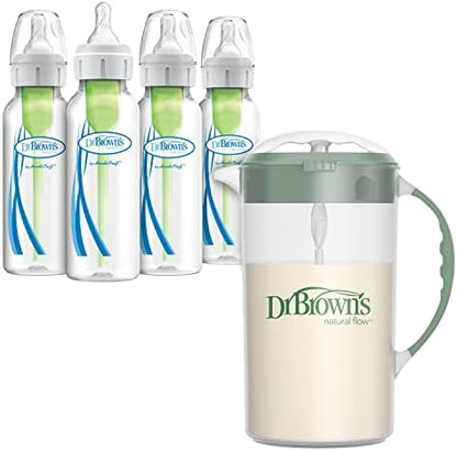 Dr. Brown's Baby Formula Mixing Pitcher 32oz, Olive with Anti-Colic Options+ Narrow Baby Bottles, 4 Pack, 8 oz