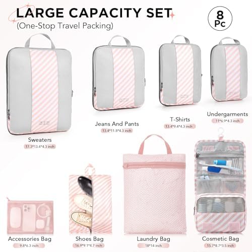 8 Set Compression Packing Cubes for Travel Essentials,Compressible Expandable Packing Cubes for Suitcase,OlarHike Luggage Organizer Bags for Travel,Handy Helper for Organizing Clothes(Pink Stripped)