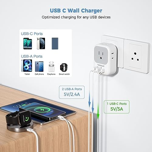 India Plug Adapter 2 Pack, TESSAN Type D Travel Adapter with 4 Outlets 3 USB Charger (1 USB C Port), US to Indian Outlet Adaptor for USA to Bangladesh, India, Kuwait, Maldives