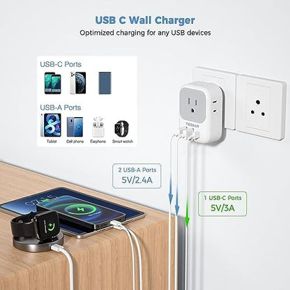 India Plug Adapter 2 Pack, TESSAN Type D Travel Adapter with 4 Outlets 3 USB Charger (1 USB C Port), US to Indian Outlet Adaptor for USA to Bangladesh, India, Kuwait, Maldives