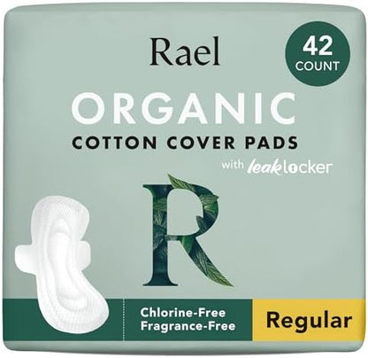 Rael Organic Cotton Cover Pads with Wings - Regular Absorbency, Unscented, Ultra Thin for Women (Regular, 42 Count)