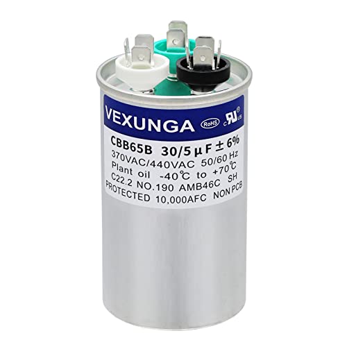 30/5 uF 30+5 MFD 370VAC or 440VAC Dual Run Start Round A/C Capacitor CBB65 CBB65B Air Conditioner Capacitors for AC Unit Fan Motor Start or Heat Pump or Condenser Straight Cool