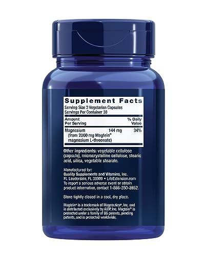 Life Extension Neuro-Mag Magnesium L-Threonate, Memory Health, Quick Thinking, Cognitive Health Support, Vegetarian, Non-GMO, 90 Vegetarian Capsules (144 mg from 2000 mg Magtein magnesium L-threonate