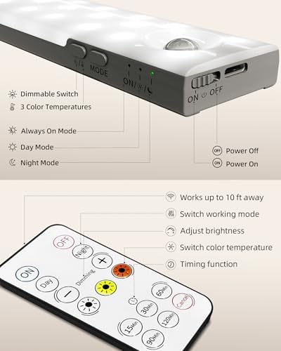 EZVALO 6-Pack Under Cabinet Lighting with Charging Station, 2000mAh Rechargeable Wireless Motion Sensor Lights, 3 Color Temps, Dimmable, Timer, Magnetic, with Remote Control for Kitchen, Closet, Stair