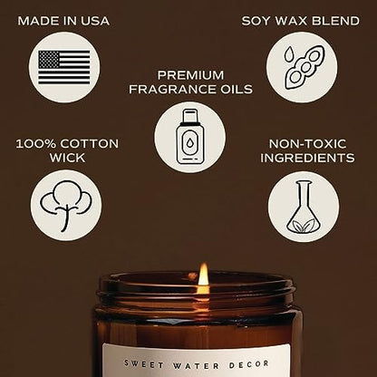Sweet Water Decor Warm and Cozy Candle | Pine, Orange, Cinnamon, and Fir Balsam Winter Scented Soy Candles for Home | 9oz Amber Jar with Black Lid, 40 Hour Burn Time, Made in The USA