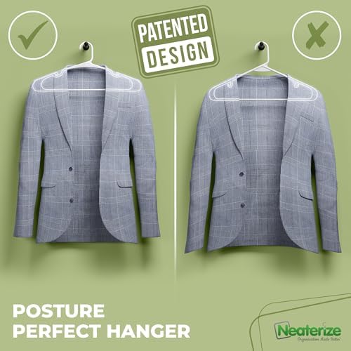 NEATERIZE Clothes Hangers Plastic 100 Pack For Adults - Plastic Hangers, The Perfect Coat Hanger and Space Saving Clothes Hangers for Closet, Percheros Ganchos para Colgar Ropa Hangars - White Hangers