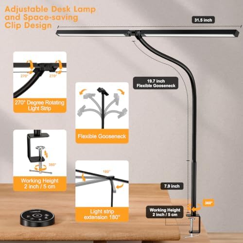 Led Desk Lamp for Office Home - Eye Caring Architect lamp with Clamp,Dual Screen Computer Monitor Gooseneck Smart Light: 24W 5 Color Flexible Adjustable Lighting Table Lamp for Study Drafting
