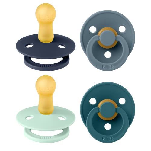 BIBS Pacifiers - Colour 4 Pack | Round Nipple Baby Pacifier | BPA Free Natural Rubber Latex Soother | Made in Denmark | Size 6-18 Months | Boy Colors