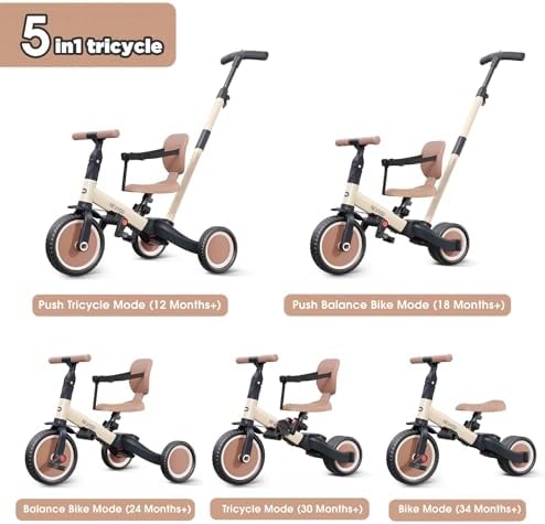 newyoo Toddler Tricycle with Push Handle for 1-3 Year Old, Toddler Bike, Birthday Gift and Toy for Boys and Girls, 5 in 1 Kids Trike, Balance Bike with Backrest and Safety Belt, Khaki, TR007