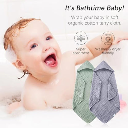 SWEET DOLPHIN Muslin Hooded Baby Bath Towels - 2 Pack 100% Cotton Towel for Babies, Infants, Toddlers - 32x32Inch - Highly Absorbent and Newborn Essential, Green and Grey