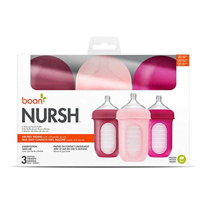 Boon Nursh Reusable Silicone Pouch Baby Bottles - Medium Flow Nipple - Silicone Baby Bottle Pouch and Nipple - Baby Feeding Essentials - Pink - 3-6 Months - 3 Count - 8 Ounce