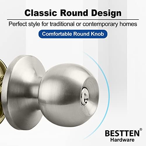 BESTTEN [2 Pack] Entry Door Knob with Lock, Keyed Different Door Lock for Exterior Door and Front Door, Standard Ball, Satin Nickel