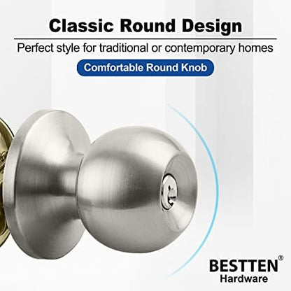 BESTTEN [2 Pack] Entry Door Knob with Lock, Keyed Different Door Lock for Exterior Door and Front Door, Standard Ball, Satin Nickel