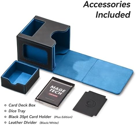 Card Deck Box for MTG Commander - Patented Design, Commander Display, Fits 100 Double-Sleeved Cards, 35pt Card Brick & Dice Tray - Black/Blue