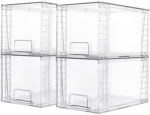 Vtopmart 4 Pack Large Stackable Storage Drawers,Easily Assemble Acrylic Bathroom Closet Undersink Organizers and Storage,Plastic Bins for Kitchen Cabinets,Pantry,Makeup,Medicine Organization
