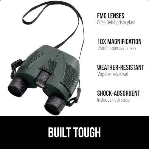 GORILLA GRIP 10x25 Compact Binoculars for Adults with Strap, Superior High Powered Clear 10X Magnification, Lightweight, Bird Watching, Hunting, Stargazing, Adjustable Eye Cups, Green