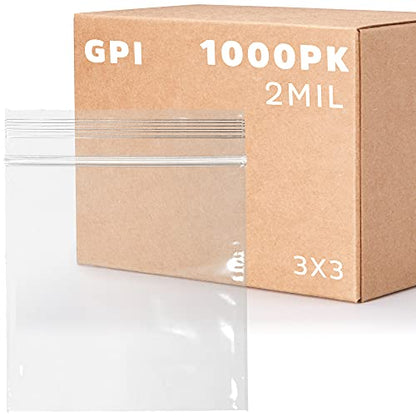 GPI - 1000 Count, 3" X 3" Clear Plastic Square Zip Bags, 2 Mil Thick, Strong & Durable Poly Baggies with Resealable Zip Top Lock for Travel, Storage, Packaging & Shipping