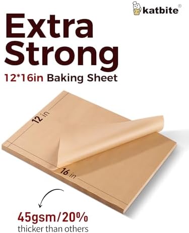Katbite 200Pcs 12x16 In Unbleached Parchment Paper for Baking, Precut Parchment Paper Sheets, Heavy Duty Flat Baking Paper, Half Sheet Baking Sheets for Baking Cookies, Cooking, Air Fryer, Oven