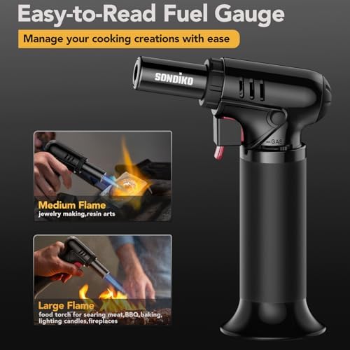 Sondiko Butane Torch with Fuel Gauge S907, Refillable Soldering Torch with Adjustable Flame for Welding, Resin Art, Industrial(Butane Gas Not Included)