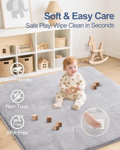 Thick Baby Play Mat for Floor,50 x 50 Playpen Mat,Tummy Time Foam Mat,Ultra Soft Support & Plush Feel,Easy Care with Non-Slip Cushioned for Infant,Kids and Toddler Crawling,Grey