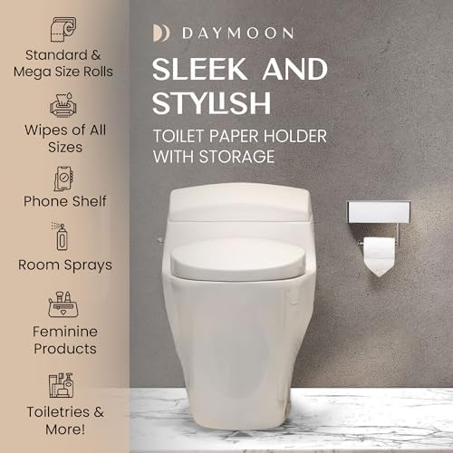 Day Moon™ Chrome Toilet Paper Holder with Shelf - Wipe Holder for Bathroom, Flushable Wipes Dispenser, Toilet Paper and Wipes Holder