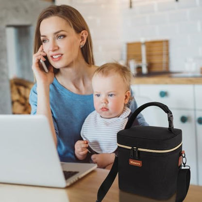 Mancro Baby Bottle Cooler Bag for Breast Milk, Includes Ice Pack, Fits 6 x 9oz Bottles, Insulated Daycare Bag for Nursing Moms, Leakproof Breastmilk Tote,Blue & Beige