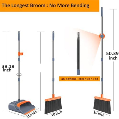 kelamayi Upgrade Broom and Dustpan Set, Self-Cleaning with Dustpan Teeth, Indoor&Outdoor Sweeping, Ideal for Dog Cat Pets Home Use, Stand Up Broom and Dustpan (Gray&Orange)