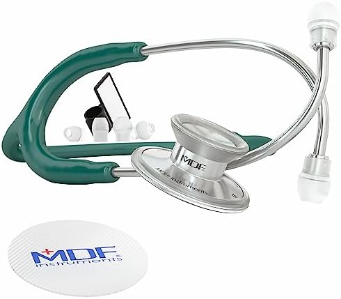MDF Instruments, Acoustica Lightweight Stethoscope for Doctors, Nurses, Students, Home Health Use, Adult, Dual Head, Dark Green Tube, Silver Chestpiece-Headset, MDF747XP09