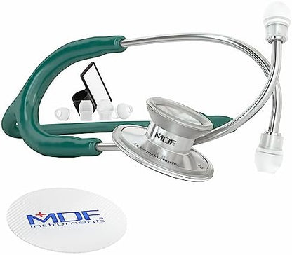 MDF Instruments, Acoustica Lightweight Stethoscope for Doctors, Nurses, Students, Home Health Use, Adult, Dual Head, Dark Green Tube, Silver Chestpiece-Headset, MDF747XP09