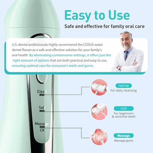 COSLUS Water Dental Flosser Teeth Pick: Portable Cordless Oral Irrigator 300ML Rechargeable Travel Irrigation Cleaner IPX7 Waterproof Electric Flossing Machine for Teeth Cleaning C20(F5020E) Green