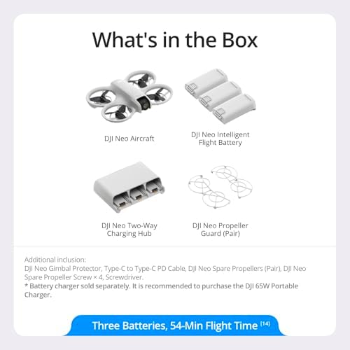 DJI Neo Three-Battery Combo, Mini Drone with 4K UHD Camera for Adults, 135g Self Flying Drone that Follows You, Palm Takeoff, Subject Tracking, QuickShots, Stabilized Video (Controller-Free)