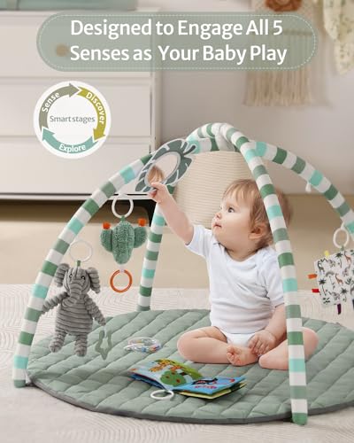 Blissful Diary Baby Play Gym Mat, Tummy Time Mat with 6 Detachable Toys for Stage-Based Sensory & Motor Skill Development, Baby Activity Mat Easy to Install & Clean, Baby Essentials Gift, Sage Green