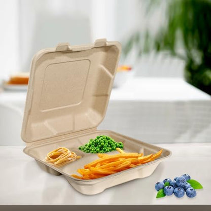Aricsen Compostable 100 Pack 8x8 Inch 3 Compartment Takeout Lunch Box Containers with Lid To Go Take Out Clamshell for Food, Disposable Eco-Friendly Biodegradable Bagasse, PFAS-Free, Unbleached Brown