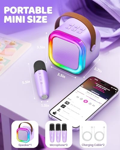 IROO Mini Karaoke Machine for Kids, 2025 TOP Toys Birthday Gifts Ideas for Girls Ages 4, 5, 6, 7, 8, 9, 10, 12+ Years Old, Portable MP3 Player with 3 Wireless Mics for Party