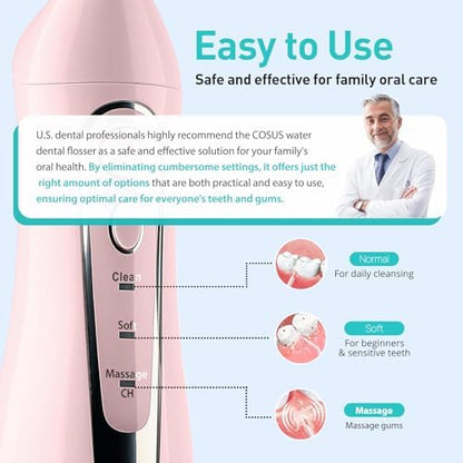 COSLUS Water Dental Flosser Teeth Pick: Portable Cordless Oral Irrigator 300ML Rechargeable Travel Irrigation Cleaner IPX7 Waterproof Electric Flossing Machine for Teeth Cleaning C20(F5020E) Pink