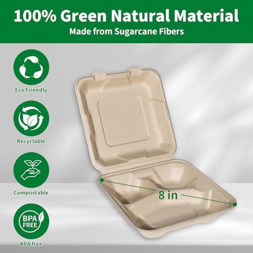 Aricsen Compostable 50 Pack 8x8 Inch 3 Compartment Takeout Lunch Box Containers with Lid, To Go Take Out Clamshell for Food, Disposable Eco-Friendly Biodegradable Bagasse, PFAS-Free, Unbleached Brown